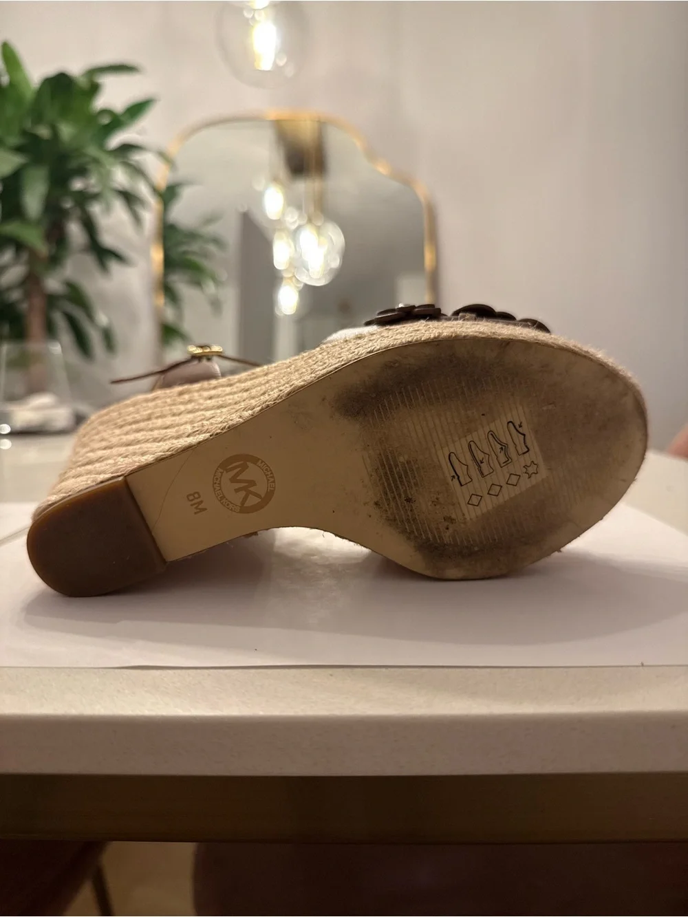 Michael Kors Tan Floral Leather Espadrille Wedge Sandals